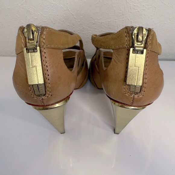 L.A.M.B. Dominica Tan Peep-Toe Gold Heel size 7 - Picture 4 of 6